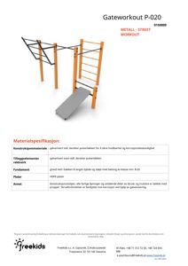 Fotografi av en utendørs treningsutstyr (gateworkout) med tilhørende materialbeskrivelse.