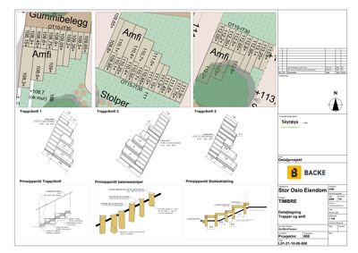 Dette bildet viser detaljtegninger for trapper og amfi. Det inkluderer situasjonsplaner for trappene, prinsipp-snitt av trappetrinn, detaljer for balansestolper og en detaljtegning for stokkeklatring.