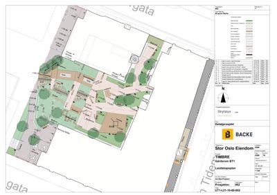 Landskapsplan som viser tomtens oppdeling, beplantning, terrengforhold og infrastruktur.
