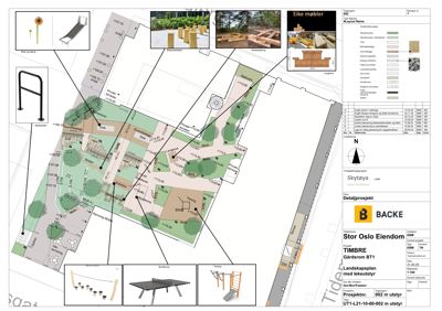 Situasjonsplan for et utstyringsprosjekt (Landskapsplan med lekestyr) som viser plassering av anlegg, vegetasjon og møbler i forhold til bygninger og vei.