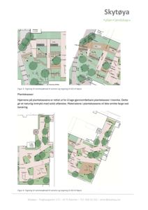 Bildet viser to tegninger (Figur 3 og Figur 4) som illustrerer plantekasser i et landskapsdesign, inkludert plassering av trær, stier og terrengform.