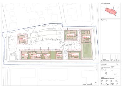 Oversiktsplan (situasjonsplan) som viser plassering av nye bygg i forhold til eksisterende bygninger og tomtegrenser.