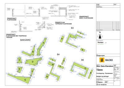En detaljert plantegning som viser romfordeling (A-R) og dimensjoner for en bakgård og takhage i et prosjekt.
