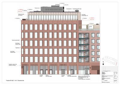 Fasadetegning som viser bygningens utseende, farger og detaljer.