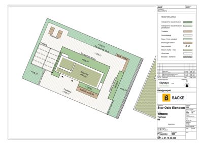 Detaljtegning av takhage med oppgitt høyder, materialer og anlegg.