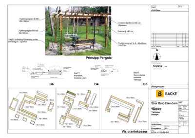 Tegning som viser detaljerte konstruksjonsløsninger for en pergola (prinsipp, snitt) og plantekasser med mål.