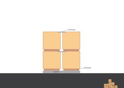 En detaljtegning som viser hvordan to vertikale elementer (sannsynligvis paneler eller stolper) festes sammen og til en betongflise. Tegningen inkluderer spesifikke komponenter som 'Samlebeslag' og 'Avstandskloss'.