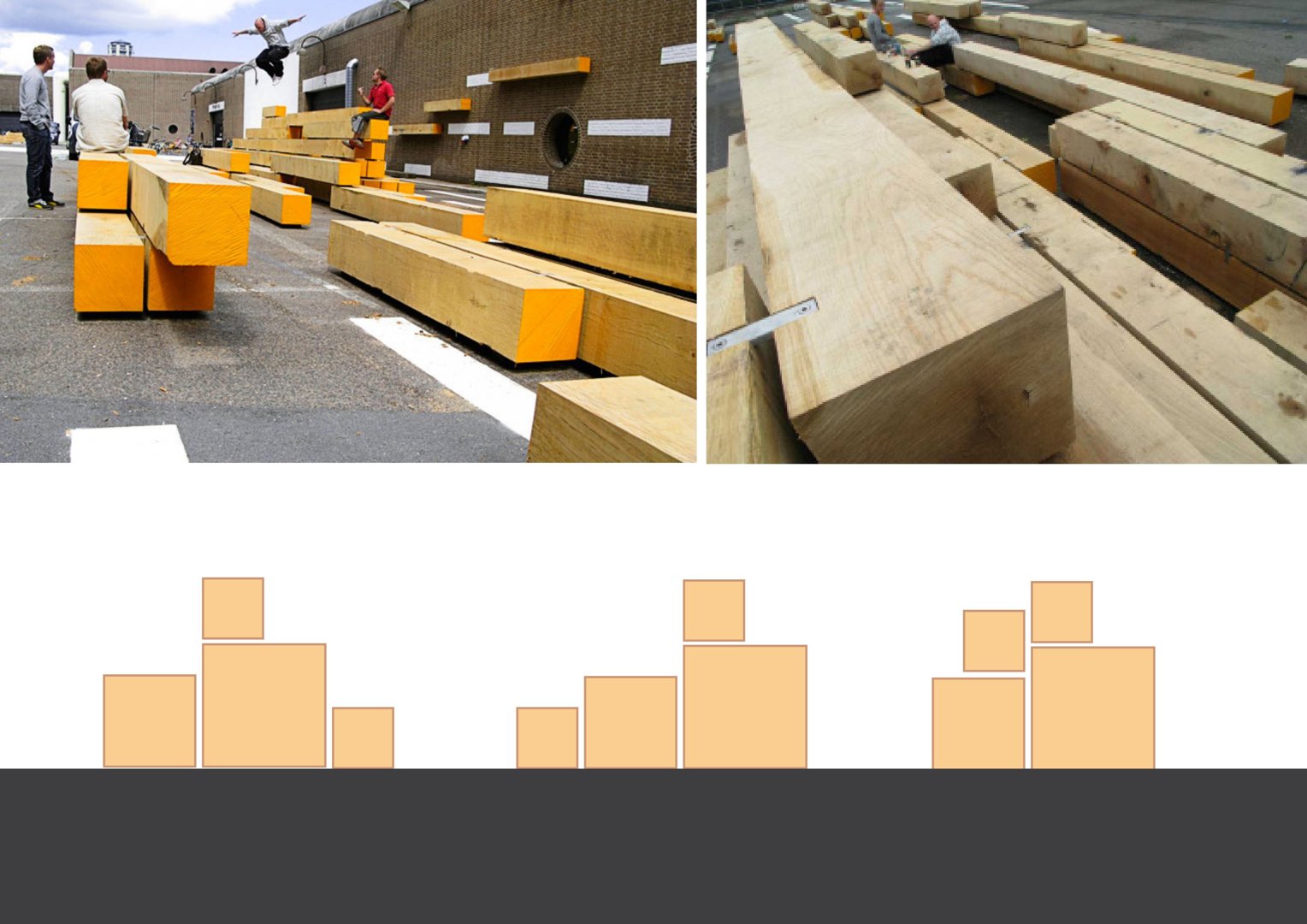 Fotografier av store, ferdigbearbeidede treblokker (sannsynligvis CLT eller lignende) som ligger på en byggeplass eller lager. Bildet viser også en grafisk illustrasjon av hvordan blokkene er stakket.