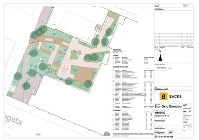 Plantegning som viser romfordeling, arealbruk og plassering av planter i et byggeprosjekt.
