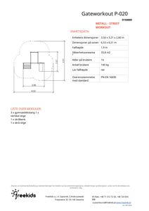 En teknisk tegning som viser en metallgymnastikkstasjon (Gateworkout P-020) med dimensjoner, fallhøyde, sikkerhetsområde og en liste over moduler.