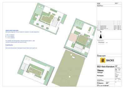 Plantegning som viser takhager med romfordeling og vegetasjon.