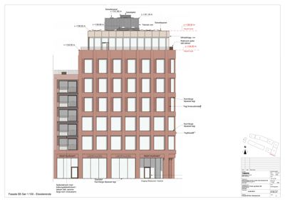 Fasadetegning som viser bygningens utvendige utseende, inkludert vinduer, fasadematerialer og detaljer som takpaneler og gasskjøler.