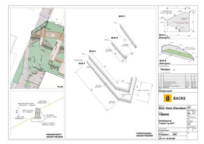 Dette bildet viser en detaljtegning (detaljprosjekt) for granittmurer. Det inkluderer et prinsippsnitt (PLAN) som viser plassering i terrenget, formtegninger (FORMTEGNING) som viser formen på murene (MUR A-F), og et snitt (SNITT) som viser detaljer om materialer og høyder.