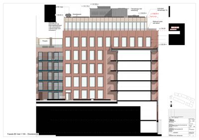 Fasadetegning som viser bygningens ytre utseende, vinduer, takoppbygning og solcellepanel.