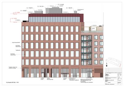 Tegning som viser fasadeoppsettet for bygning B5, inkludert farger, materialer, vindusoppsett og høydemål.