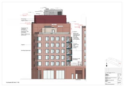 Fasadetegning som viser bygningens utseende fra nord med detaljer om materialer, farger og høyder.