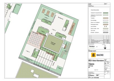 Etasjeplan (takplan) som viser romfordeling, høyder, trapp og materialer.