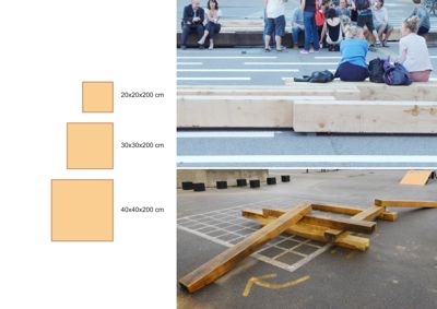 Fotografier av en utendørs installasjon eller prototype som viser ulike dimensjoner av treblokker (20x20x200 cm, 30x30x200 cm, 40x40x200 cm) og hvordan de er lagt sammen på asfalt.