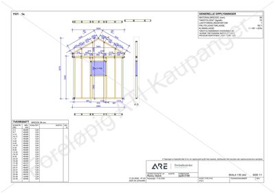 Tegning som viser et tverrsnitt (snitt) av en konstruksjon, sannsynligvis en takkonstruksjon eller et lite hus, med mål og materialbeskrivelser.