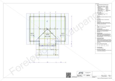 Etasjeplan (1. etasje) for en bygning med romfordeling, dimensjoner og tekniske notater.