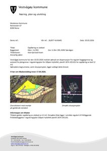 Et brev fra Vestvågøy kommune som inneholder to kart: et oversiktskart med markør på eiendom og en omsøkt situasjonsplan.