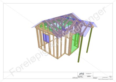 3D-visualisering av en bygning i konstruksjon med synlig takrammeverk og vegger.