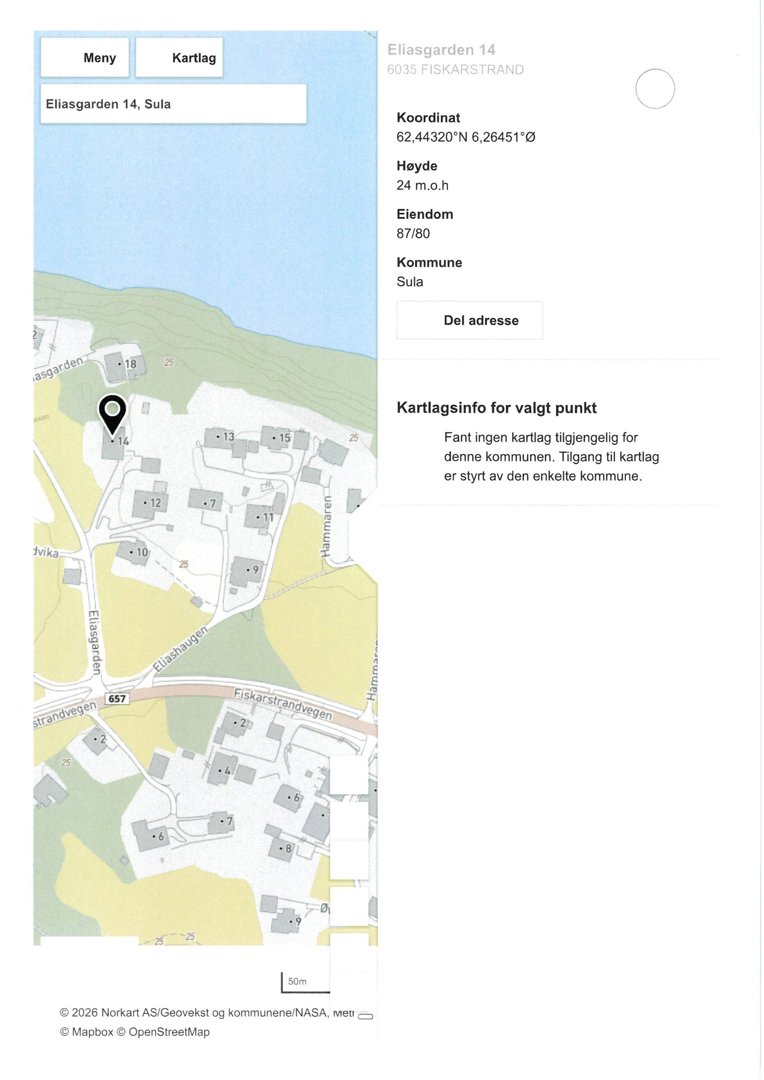 Kartutsnitt fra et digitalt kartlag (Norgat AS/Geovekst) som viser eiendommen Eliasgarden 14 på Sula, inkludert koordinater og eiendomsmålestokk.