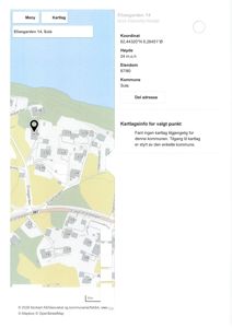 Kartutsnitt fra et digitalt kartlag (Norgat AS/Geovekst) som viser eiendommen Eliasgarden 14 på Sula, inkludert koordinater og eiendomsmålestokk.