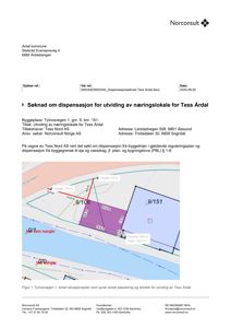 En enkel situasjonsplan som viser ønsket plassering og størrelse for utvidelse av en næringslokale i forhold til eksisterende bygninger og vassdrag.