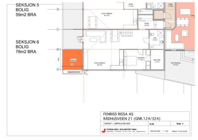 Etasjeplan (plantegning) som viser romfordeling, arealer og funksjoner for to boligeiendommer (Seksjon 5 og 6) i Rådhusveien 21.