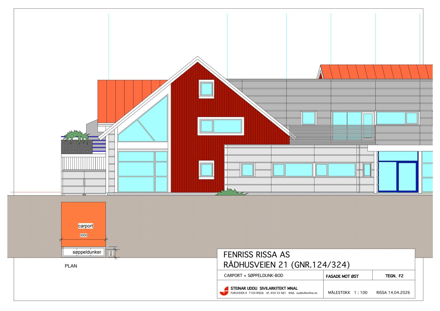 Fasadetegning som viser bygningens utseende sett fra øst (fasade mot øst), inkludert farger, materialer, vinduer og carport.
