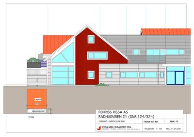 Fasadetegning som viser bygningens utseende sett fra øst (fasade mot øst), inkludert farger, materialer, vinduer og carport.