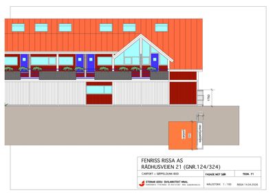 Fasadetegning (opprikk) av en bygning sett fra sørøst, med detaljer om fasadematerialer, vinduer, dører og en utvendig søppeldunkplass.
