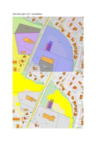 Situasjonsplan som viser to alternativer for byggeplassering (Alternativ 4 gbnr 11/2 - Hansabakken) med overlappende tomtegrenser, eksisterende bebyggelse og topografi.