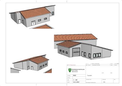 Fasadetegning som viser bygningens ytre utseende fra ulike vinkler.