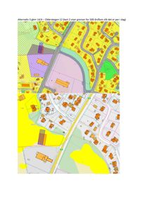 Situasjonsplan som viser to alternativer for tomtsplassering (Alternativ 3 gbnr 14/4) med overlappende kartlag for 500-årsflomgrenser.