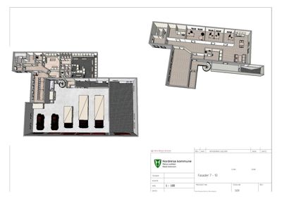 Etasjeplan med romfordeling, møblering og innredning for et kontorbygg (Fasader 7-10).