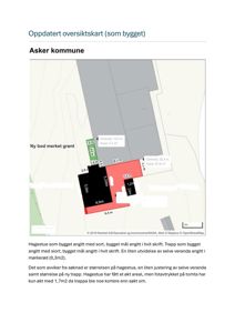 Oppdatert situasjonsplan som viser bygningens plassering på tomten, med angitte mål og areal for ulike deler av bygningen.