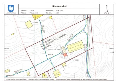 Situasjonskart som viser eiendomsnummer, adresse, bygeområde og nabolag.