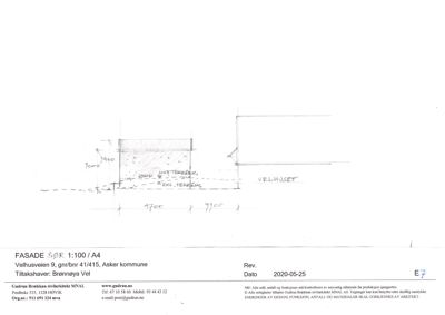 Fasadetegning (opprikk) av Velhuset sett fra sør, med mål og konstruksjonsdetaljer.