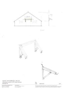 En tegning som viser fasadeopprikk (framside) av en bygning med mål og detaljer, samt konstruksjonsdetaljer for takoverbygg.
