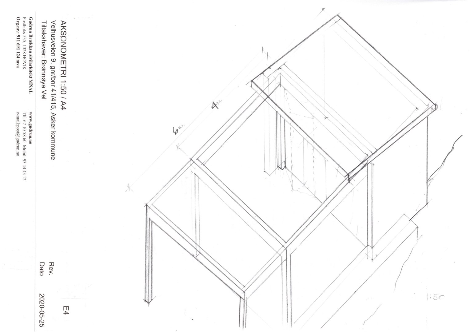 En aksonometrisk tegning (3D-visualisering) som viser en bygning sett fra en vinkel, med synlige konstruksjonsdetaljer og mål.