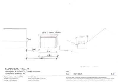 Fasadetegning (Nord) med mål og håndskrevne notater om dobbel foldedør.