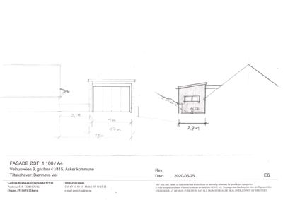Fasadetegning (øst) med mål og tegningsserieinformasjon