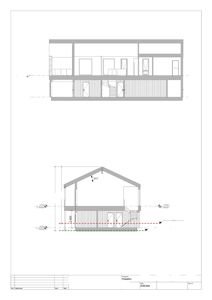 Tegning som viser tverrsnitt (Snitt A og B) av en bygning med etasjer, takhøyde og innvendig oppdeling.