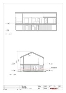 Tegning som viser tverrsnitt (Snitt A og B) av en bygning med etasjer, takhøyde og innvendig oppdeling.