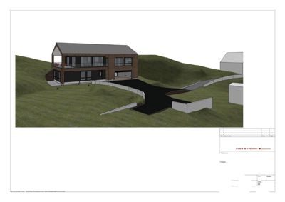 3D-visualisering av en bolig sett fra nord og vest, inkludert terreng og tilhørende infrastruktur.