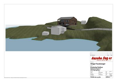 3D-visualisering av en bolig på et terreng med vann i forgrunnen, sett fra sør og øst.