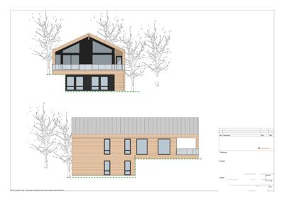 Fasadetegning som viser bygningens utseende fra nord og vest.