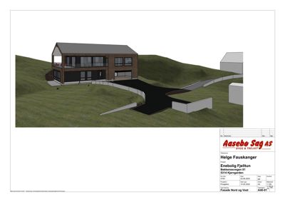 3D-visualisering av en bolig sett fra nord og vest, inkludert terreng og tilhørende infrastruktur.